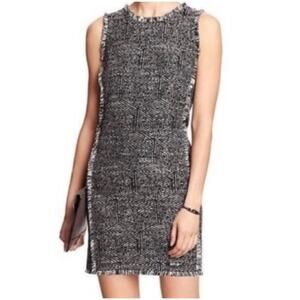 Banana Republic Tweed Fringe Sleeveless Shift Dress Size 0 Gray Black